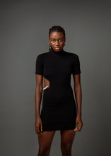 Load image into Gallery viewer, Black cut-out turtleneck knit mini dress