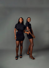 Load image into Gallery viewer, Black cut-out turtleneck knit mini dress