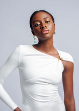 Load image into Gallery viewer, White asymmetric sleeve top with gold clasp detail
