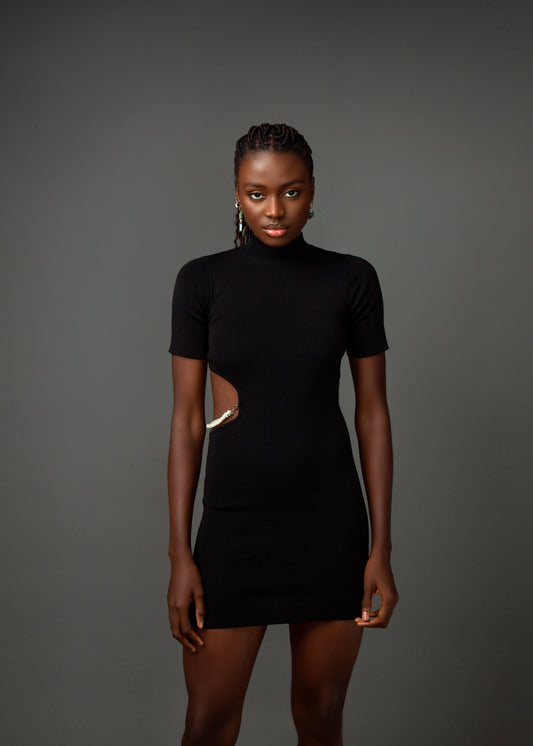 Black cut-out turtleneck knit mini dress