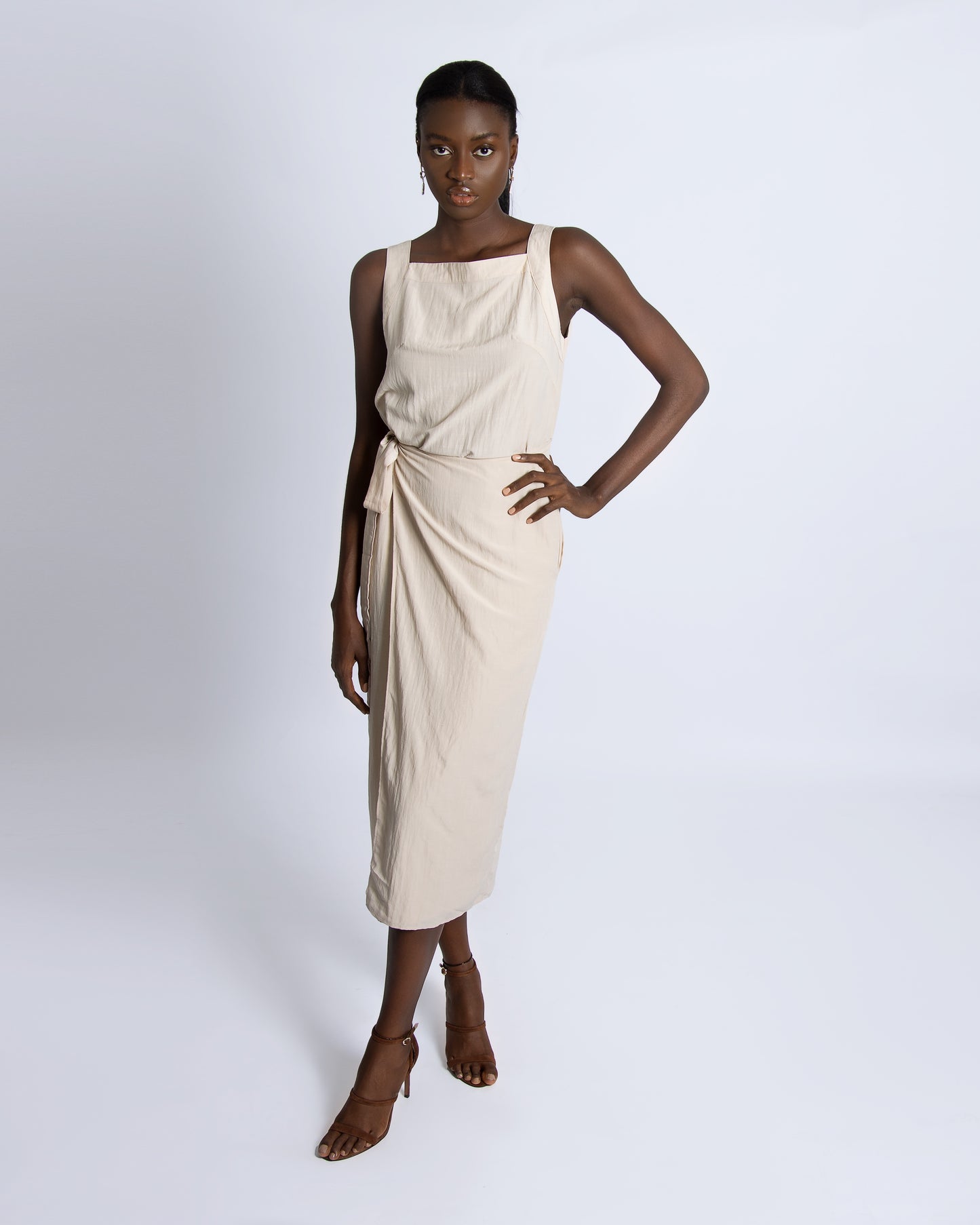 Beige Squared Neck Wrap Dress