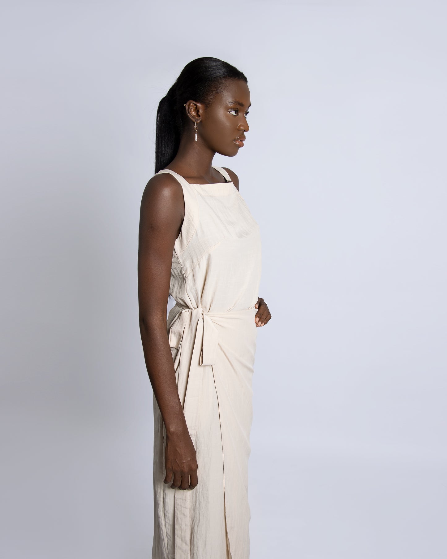 Beige Squared Neck Wrap Dress